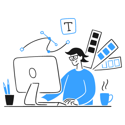 Illustration of a designer creating a brand identity at a computer